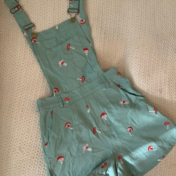 New Cider Blue Mushroom Embroidered Vintage Overalls Shorts Playsuit - Picture 7 of 8